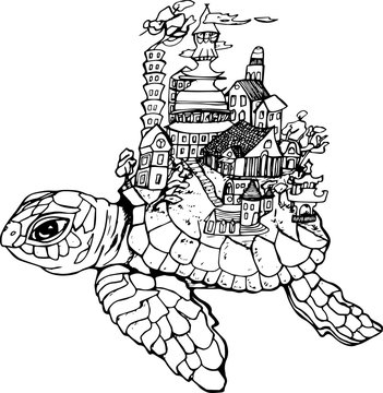 Illustration of an tortulla with an old city. Black and white drawing.