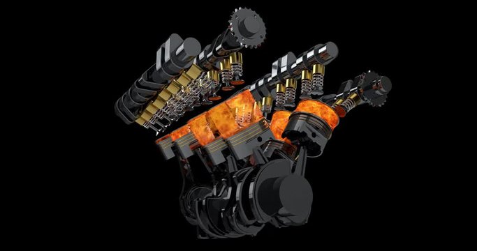 Rotating V8 Engine Animation With Explosions - Loop