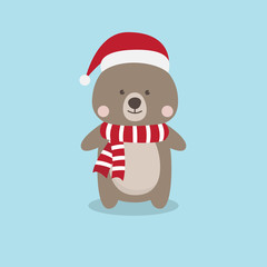 Christmas Bear cartoon character, A Cute Brown Teddy Bear with santa claus hat vector illustration for kids, children's book, fairy tales, covers, baby shower invitation, card or party flag.