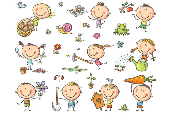 Doodle kids in the garden, watering, planting and gathering harvest.
