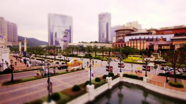 Miniature Tilt Shift Traffic Intersection on Cotai Strip (Casino District) in Macau 