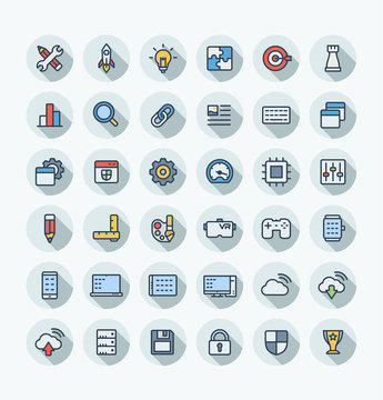 Vector flat thin line icons set and graphic design elements. Digital development outline symbols illustration . Startup, idea bulb, research, game, content, software, app programming color pictogram