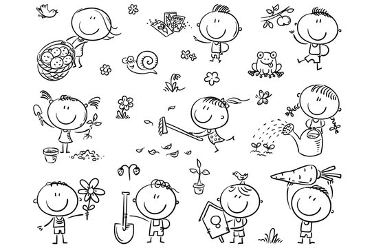 Doodle kids in the garden, watering, planting and gathering harvest.