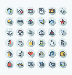 Vector flat thin line icons set, graphic design elements. Illustration with travel, tourism outline symbols. Summer vacation, hotel room service, luggage, sunglasses, passport, resort color pictogram