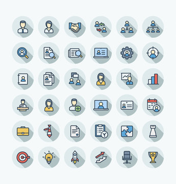 Vector thin line icons set and graphic design elements. Illustration with business and management outline symbols. Marketing research, strategy, work people, career, job interview flat color pictogram
