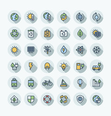 Vector thin line icons set and graphic design. Illustration with environmental and ecology outline symbols. Eco, bio energy, wind power, recycle, electric car charge station flat color pictogram
