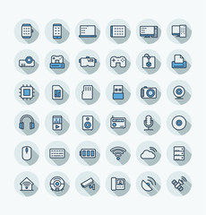 Vector thin line icons set and graphic design. Illustration with digital and wireless technology outline symbols. Smart phone, laptop, tablet, pc, virtual reality, 3d print flat color pictogram