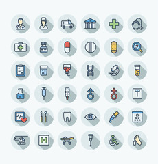 Vector thin line icons set and graphic design. Illustration with medical, medicine and healthcare outline symbols. Dentist, health, ambulance, care, doctor, pill, stethoscope flat color pictogram