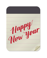 Happy New Year Hand Drawn Lettering on Notebook Template on White Background. Vector Illustration Quote. Handwritten Inscription Phrase for NY, Christmas Holiday Design, Sale, Banner, Invitation.