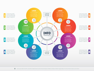Obraz premium Part of the report with icons set. Vector infographic of technology or education process. Web Template of a circle infochart, diagram or presentation. Business concept with 8 options.