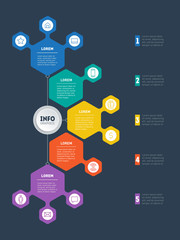 Infographic or Business presentation with 5 options. Vector dynamic infographics or mind map of technology or education process with 5 steps. Mindmap or diagram on dark background.