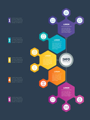 Infographic or Business presentation with 5 options. Web Template of a chart, mindmap or diagram on dark background. Vector dynamic infographics or mind map of technology or education process.