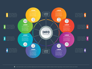 Part of the report with icons set. Vector infographic of technology or education process. Business concept with 8 options. Web Template of a circle infochart, diagram or presentation.
