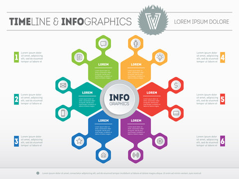 Web Template for circle infographic, diagram or presentation. Business concept with 6 options. Vector infographic of technology process or teamworks. Part of the report with 12 icons.