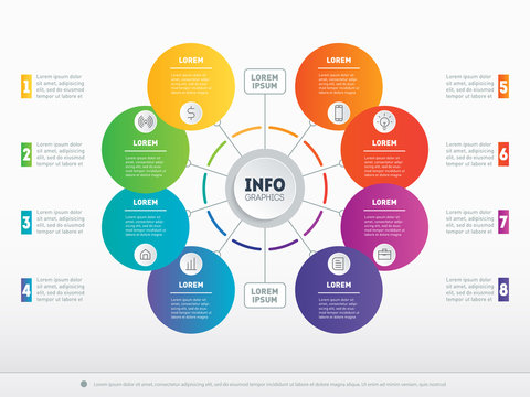 Part of the report with icons set. Vector infographic of technology or education process. Web Template of a circle infochart, diagram or presentation. Business concept with 8 options.