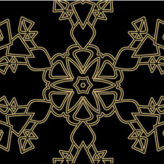 Golden snowflake on a black background close-up. Vector illustration.