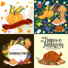 Harvest set, organic foods like fruit and vegetables, happy thanksgiving dinner background, vector illustration harvesting with pumpkin and stack of wheat ears, cranberry berries, bunches of grapes
