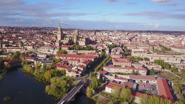 Aerial view of Salamanca with historic cathedral elevated over city, Spain