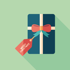 Christmas gift box flat square icon with long shadows.