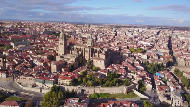 Aerial view of Salamanca with historic cathedral elevated over city, Spain