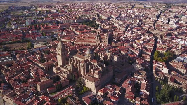 Historic cathedral elevated over big city of Salamanca, Spain