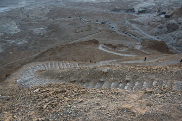 Elevated view of people hiking, Masada, Judean Desert, Dead Sea Region, Israel