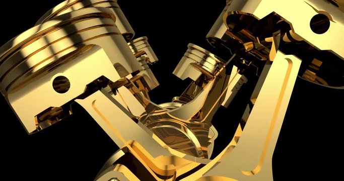 Close Up Working Gold Colored V8 Engine Animation - Loop