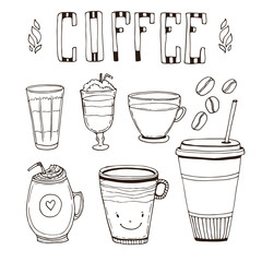 Cups for coffee hand drawn set. Drinks for menu decorations