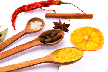 Set of dry spices on white background. Food art concept.