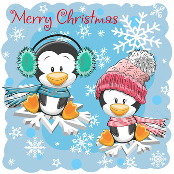 Two Cute Penguins on the snowflakes