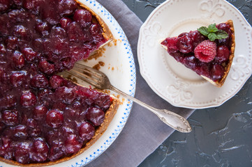 Homemade cheesecake with cherries on a plate