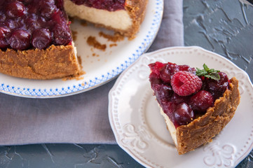 Homemade cheesecake with cherries on a plate