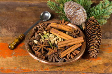 Collection of spices for winter and Christmas days, used for baking and mulled wine