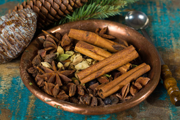 Collection of spices for winter and Christmas days, used for baking and mulled wine