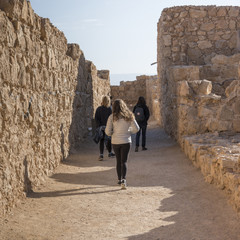 Tourists walking at fort, Masada, Judean Desert, Dead Sea Region, Israel
