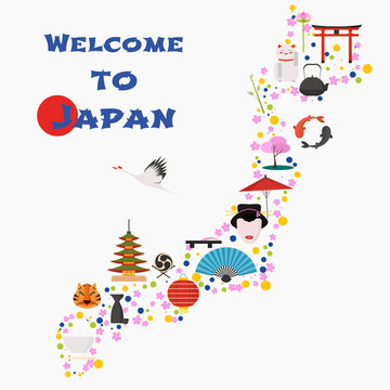 Map of Japan vector illustration, design. Icons with Japanese gate, animals