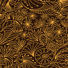 Vector abstract seamless pattern of outline nature ornaments