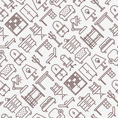 Furniture seamless pattern with thin line icons of coach, bookcase, bed,  dresser, chair, lamp, floor hanger. Modern vector illustration.