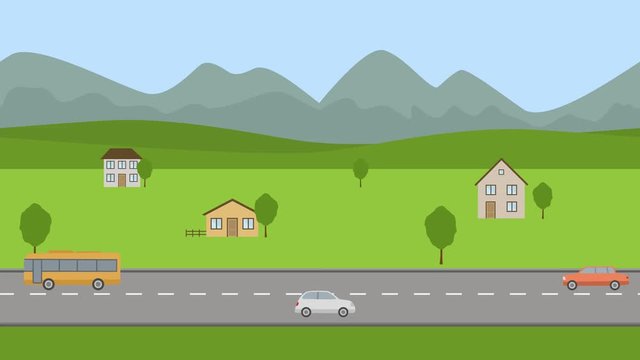 Road in the valley. Flat cartoon panoramic loop animation background 4K