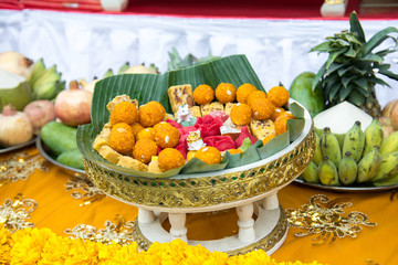 frash fruit decorate on tray for worship for hindi god in diwava festival, at Nawaratri annual...