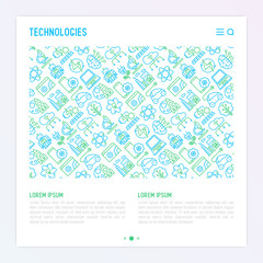 Technologies concept with thin line icons of: electric car, rocket, robotics, solar battery, machine intelligence, web development. Vector illustration for banner, web page, print media.