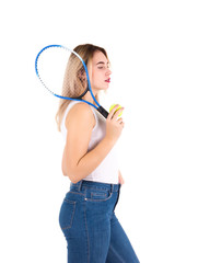 Young cute girl with tennis racket, isolated  