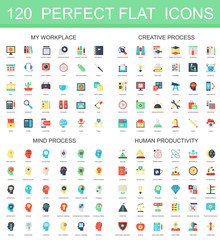 Fototapeta na wymiar 120 modern flat icon set of workplace, creative process, mind process, human productivity icons.