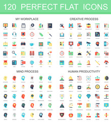 120 modern flat icon set of workplace, creative process, mind process, human productivity icons.