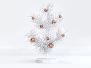 abstract white christmas tree with copper ball-sphere christmas holiday new year concept 3d rendering