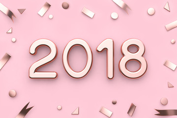 2018 3d text metallic rose gold pink background and ribbon decoration new year holiday concept 3d rendering