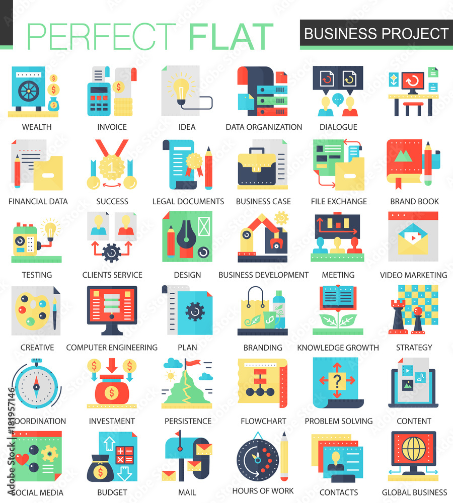 Poster Vector Business finance project complex flat icon concept. Web infographic design icons.
