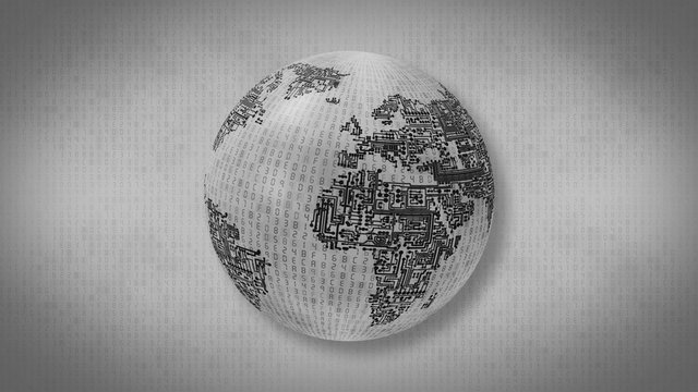 Monochrome computer circuit board Earth on a background of hexadecimal computer code