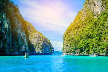 Boat in MAYA Bay Phi Phi Islands Andaman sea  Krabi Thailand.
