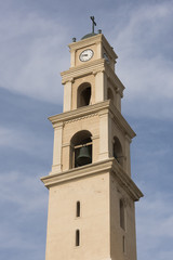Low angle view of the bell tower of St. Peter's Church, Old Jaffa, Tel Aviv-Yafo, Israel - 181958920
